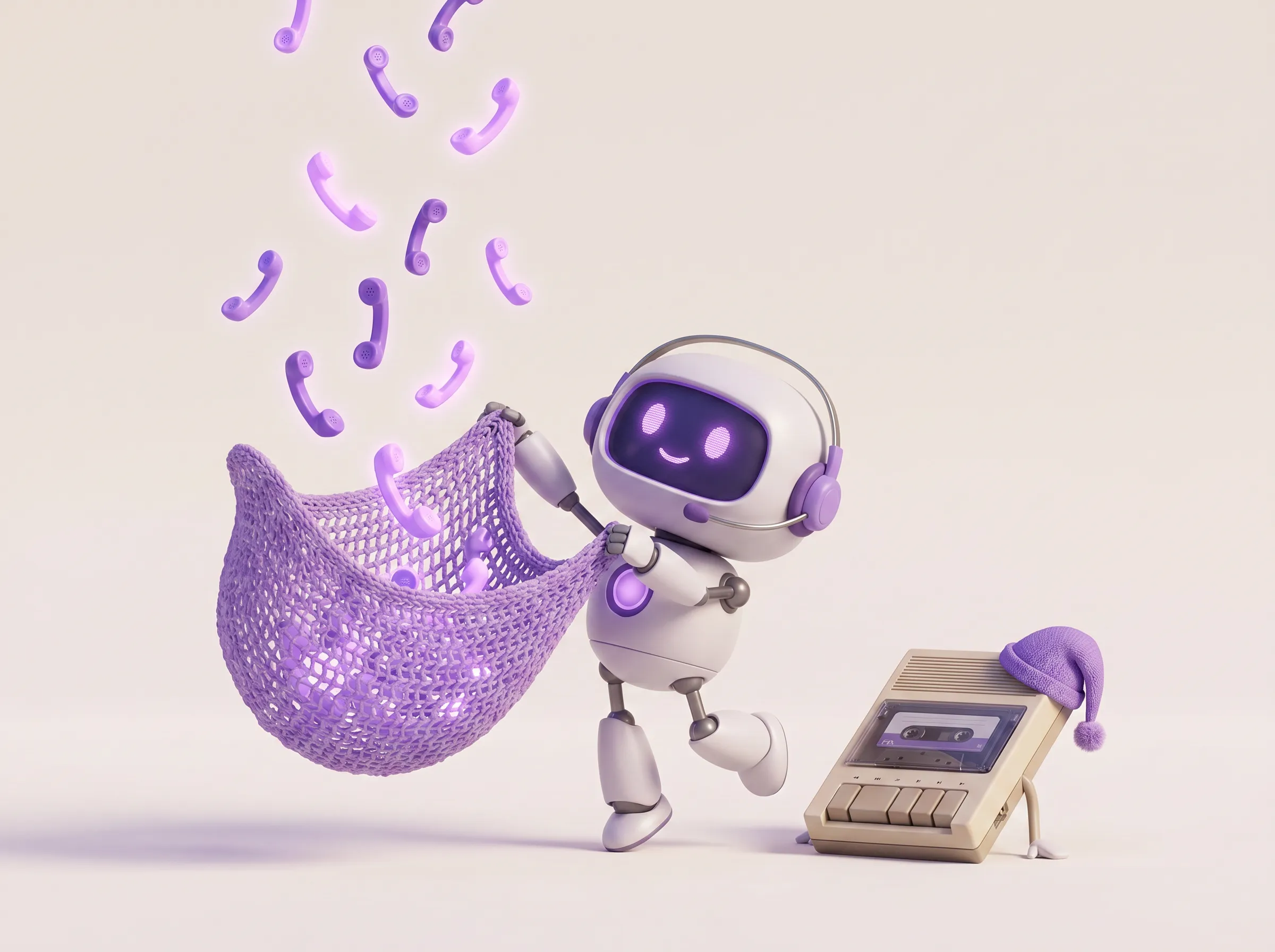 Cheerful robot with a headset catching falling telephone handsets in a net beside a sleeping answering machine
