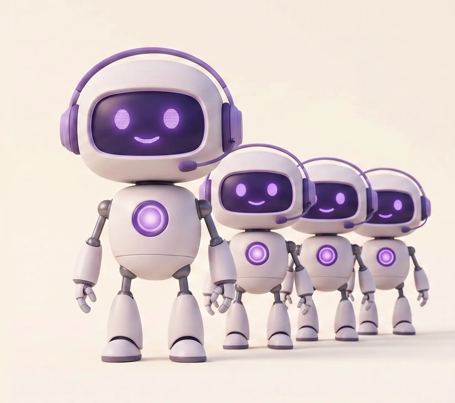 Robot with a headset standing proudly in front of a neat row of robots lined up like a team