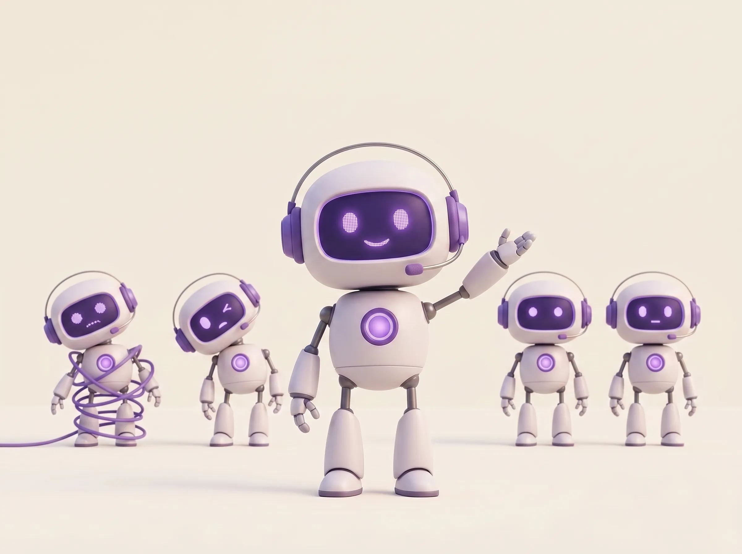Friendly violet robot with a headset leading four smaller robots from a confused jumble into an orderly line