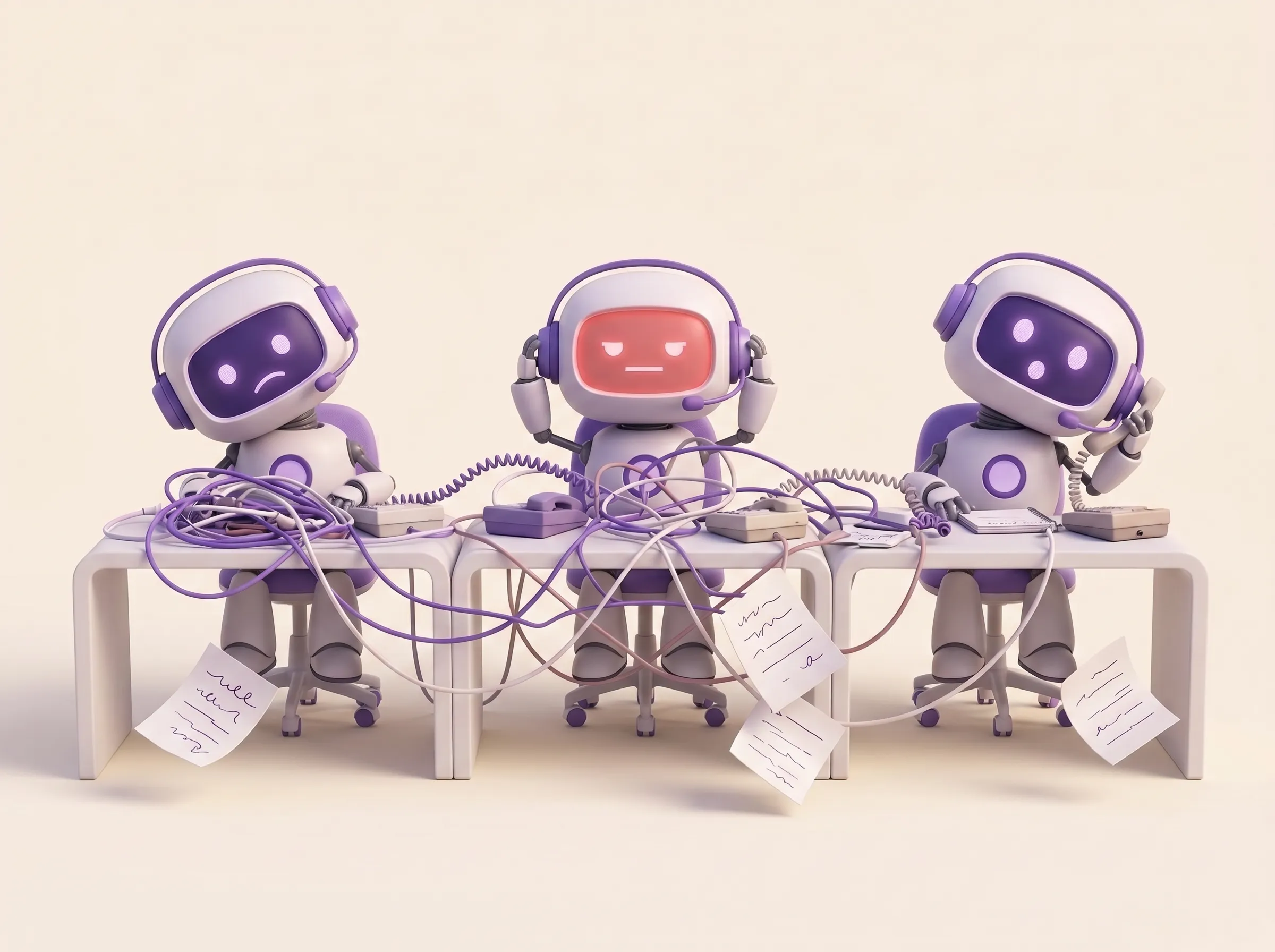 Three confused robots with headsets tangled in cables at a row of call desks, the middle one's face glowing red