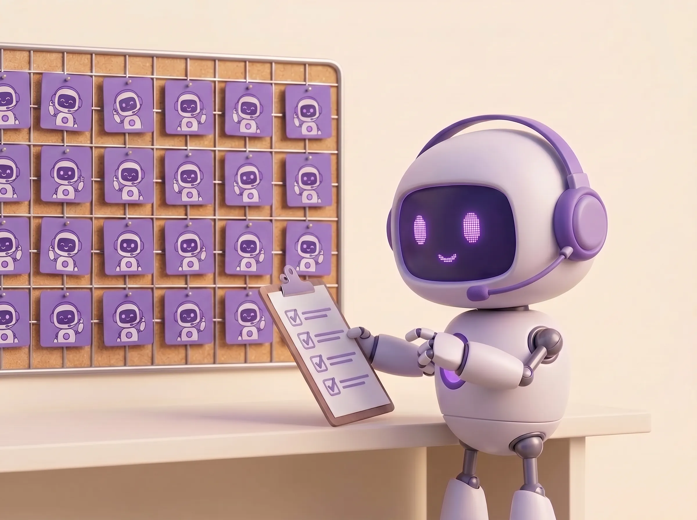 Robot with a headset holding a clipboard checklist, reviewing a board of cards, each showing a small robot happily taking a call